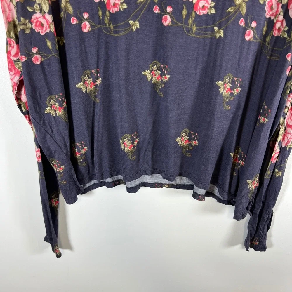 Free People Rose Floral Print Long Sleeve Top Charcoal Gray Pink‎ Medium boho